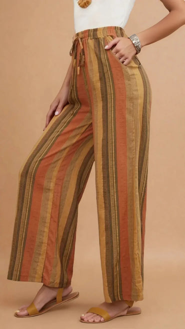 Pantalon ample à rayures femme, style décontracté 974 Réunion, couleurs chaudes