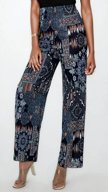 Pantalon palazzo bleu femme à motif floral, tendance 974 Réunion, été élégant.