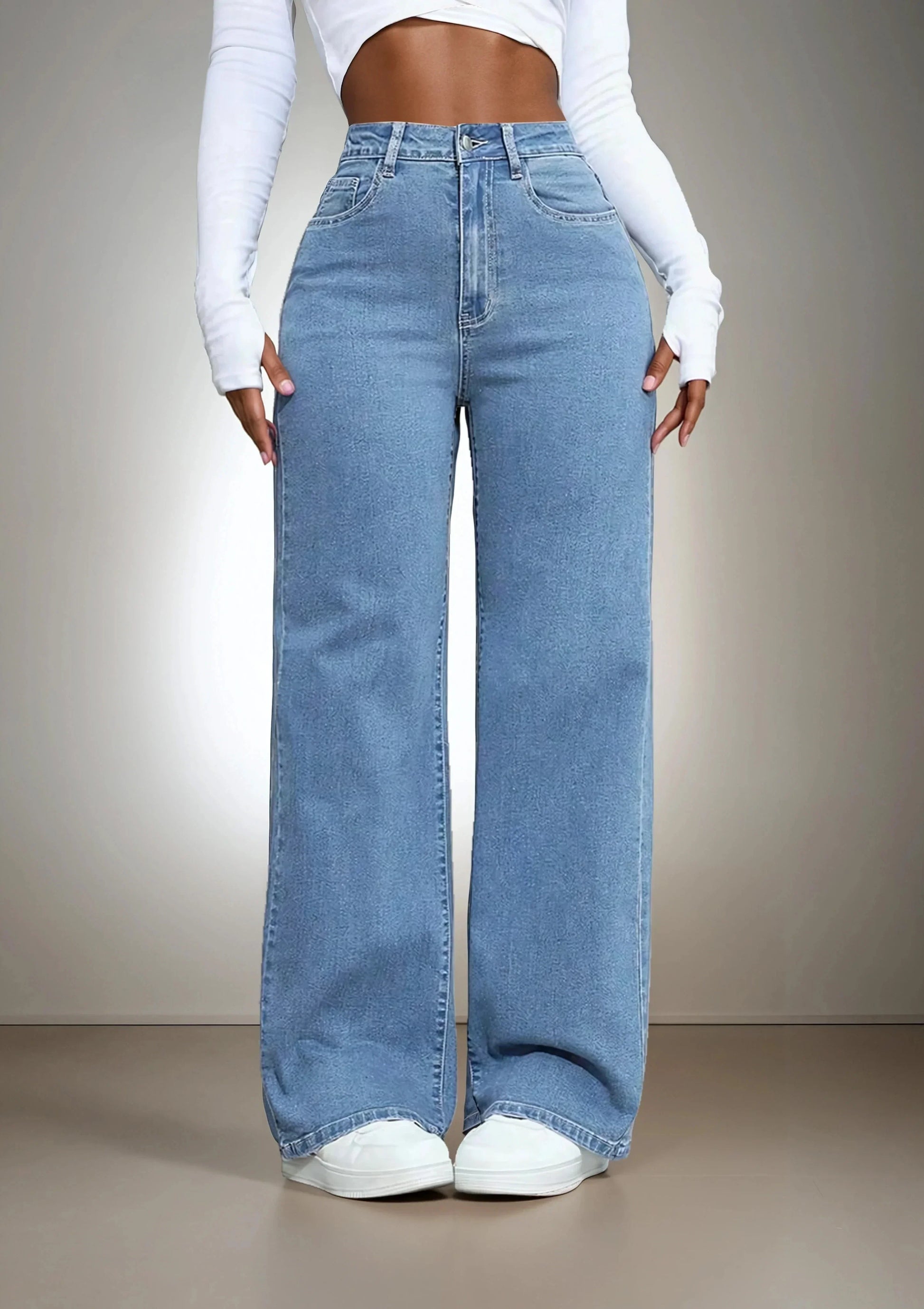 Jean large femme taille haute bleu tendance 974 Réunion, mode décontractée.
