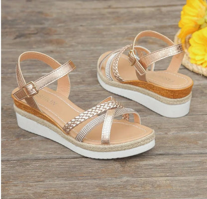 Sandales compensées dorées pour femme, plateforme tressée, 974 Réunion, été tendance